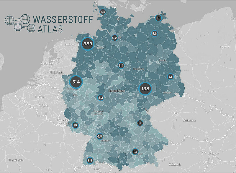 Eine Deutschlandkarte, in der Wasserstoff-Projekte markiert sind.